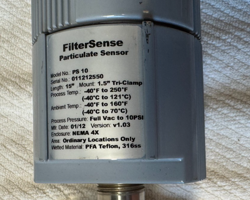 FILTERSENSE PARTICULATE SENSOR AC6 MOD PS-10 15" LONG MOUNT 1.5" TRI-CLAMP PRESS