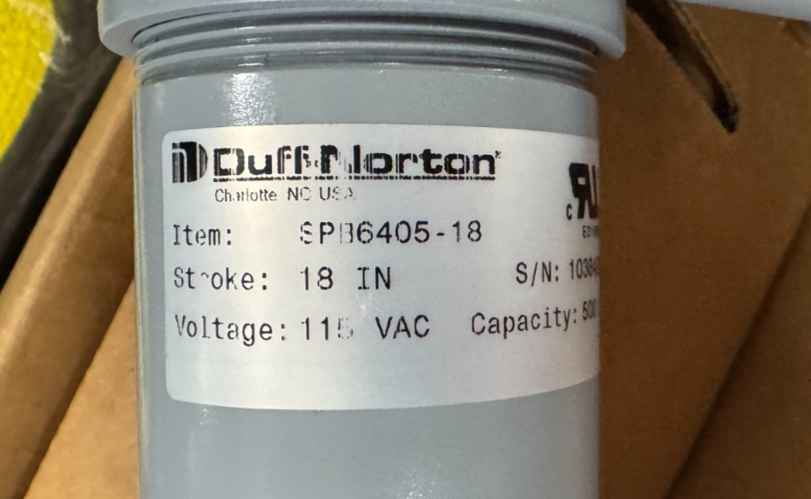 DUFF NORTON LINEAR ACTUATOR YY5 MODEL SPB6405-18" STROKE 115 V 500 LB CAPACITY