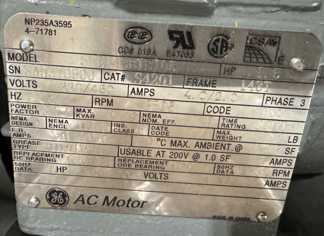 GE 11/2 HP MOTOR AD4F S4201 5KE143BTE105 3505 RPM 230/460 V 4/2 AMP  FRAME143T