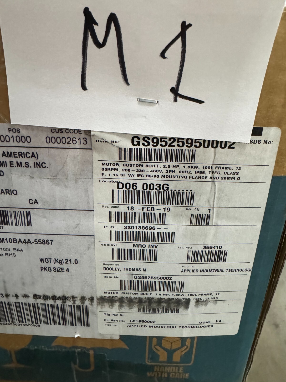 LAFERT MOTOR M1 2 1/2 HP MODEL ST100LS6 1200 RPM 208-230/460V 3 PH FR 1100L