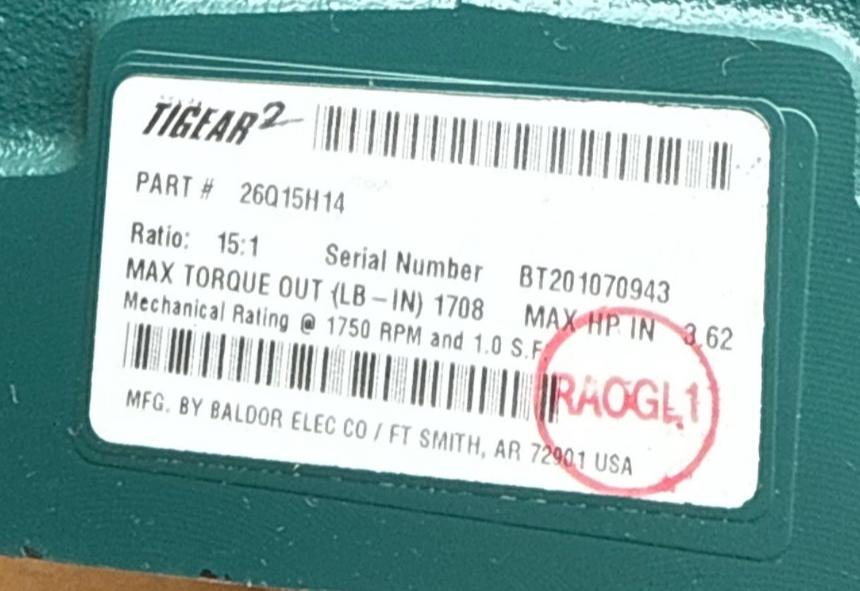 TIGEAR/2 BALDOR GEAR REDUCER 1XND MOD 26Q15H14 1750 RPM 15 TO 1 RATIO  2.71 HP M