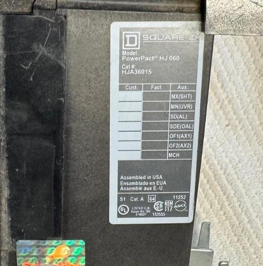 15 AMP SQ D POWER PACT CURRENT LIMITING CIRCUIT BREAKER ZZ1 HAJ36015 600 V