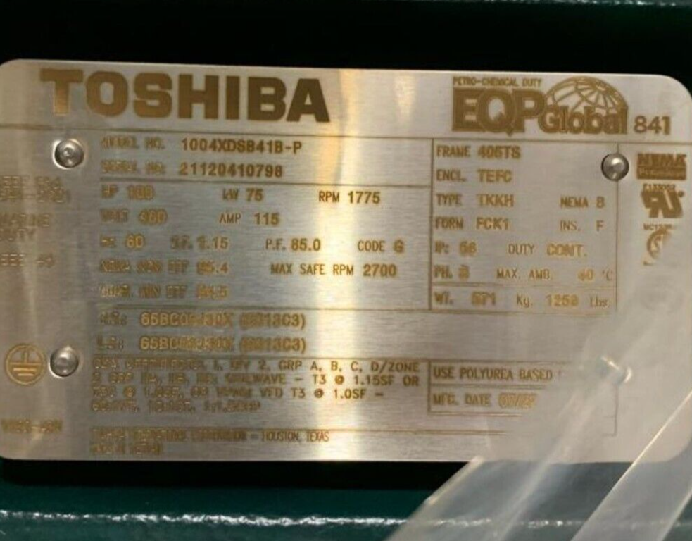 TOSHIBA 100-HP ELECTRIC MOTOR, 1775 RPM, 460 V, 3 PH, FR: 405TS NEW IN CRATE