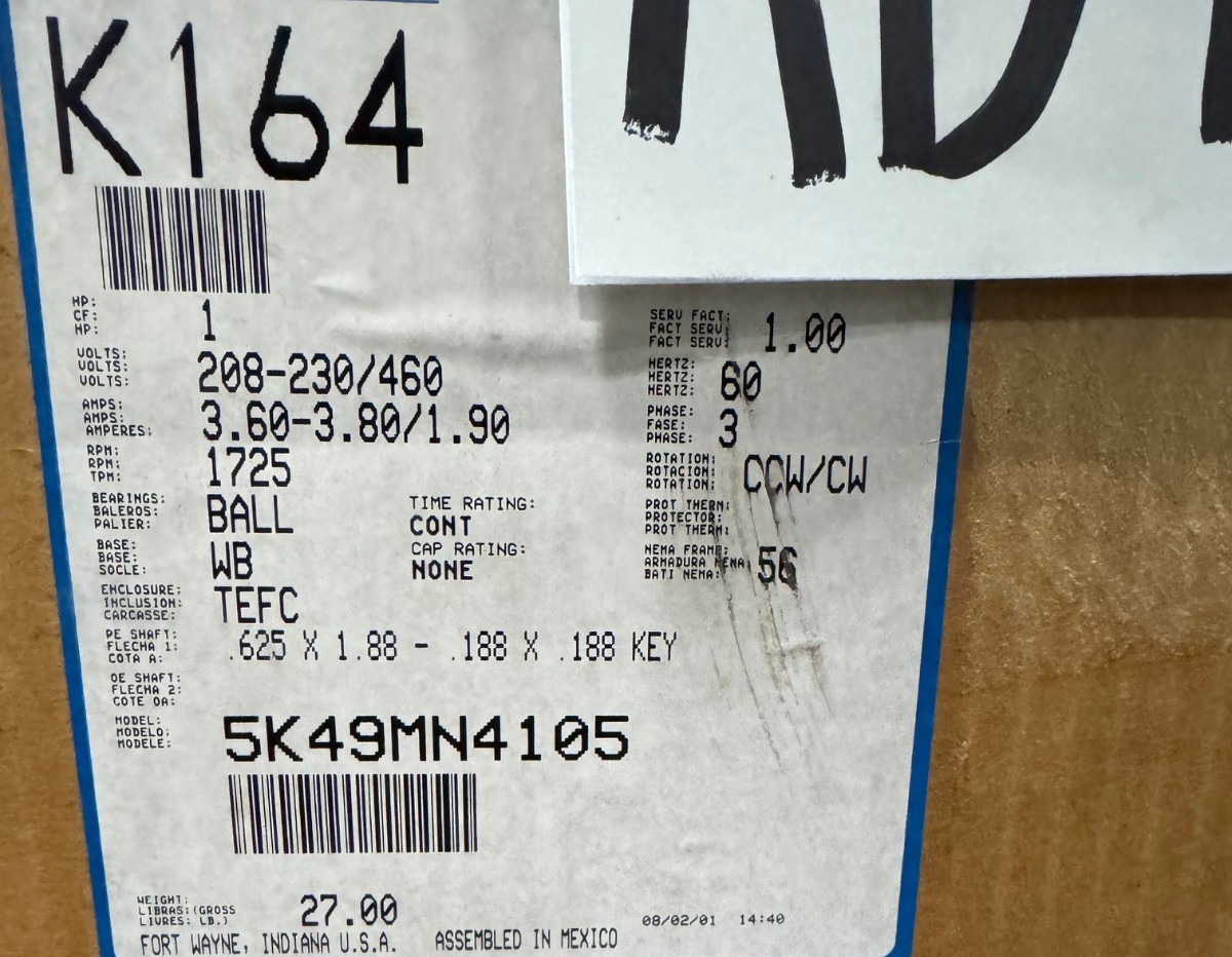 GE 1 HP MOTOR AD4C K164 5K49MN4105 1725 RPM 208/230/460 V 3.6-3.8/1.9 AMP FR 56