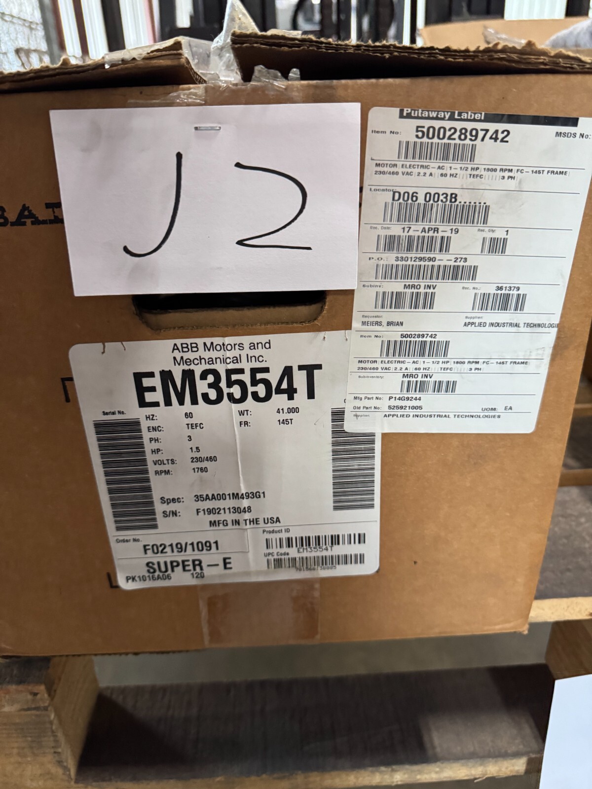 BALDOR MOTOR J2  1 1/2 HP MODEL EM3554T 1760 RPM 230/460 V 3 PH AMP FR 145T
