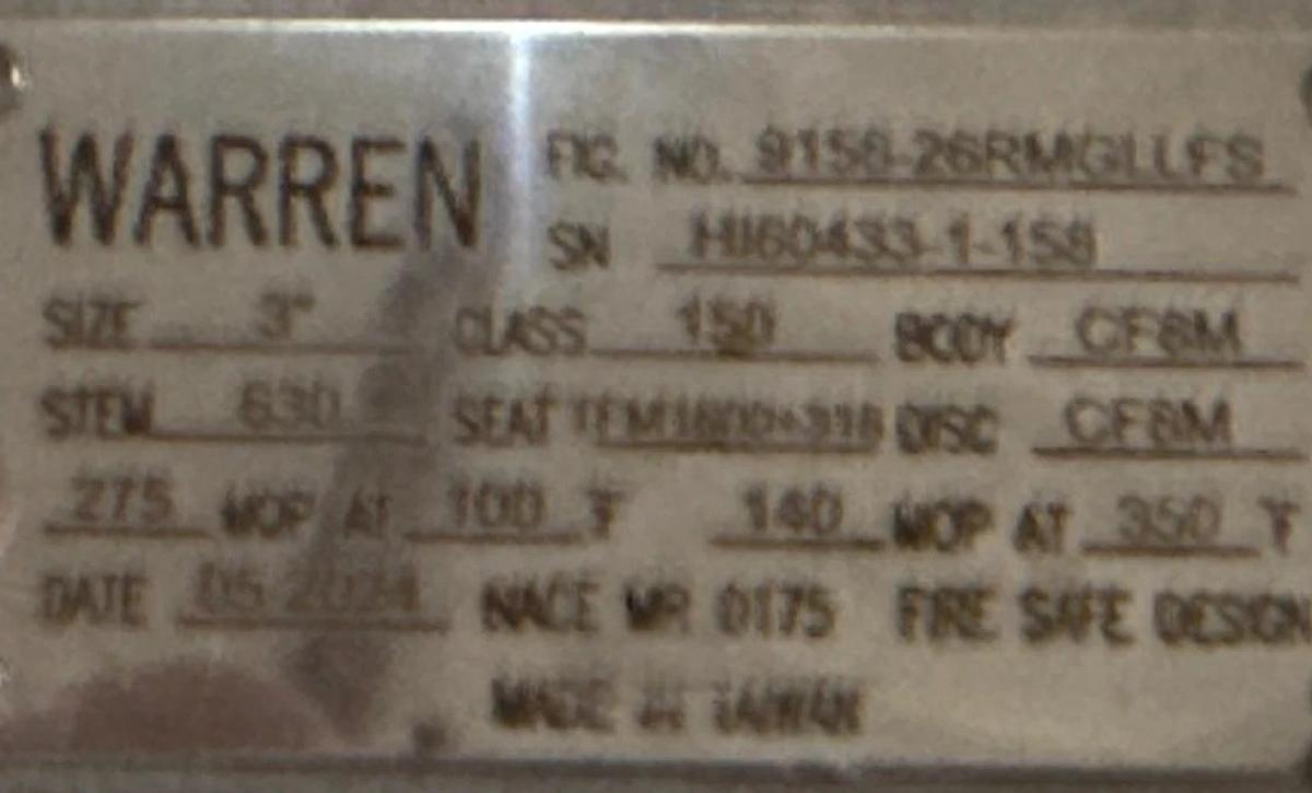 Used WARREN 3" 150 DOUBLE OFFSET LUG HI PERFORMANCE BUTTERFLY VALVE  MODEL 9158-2