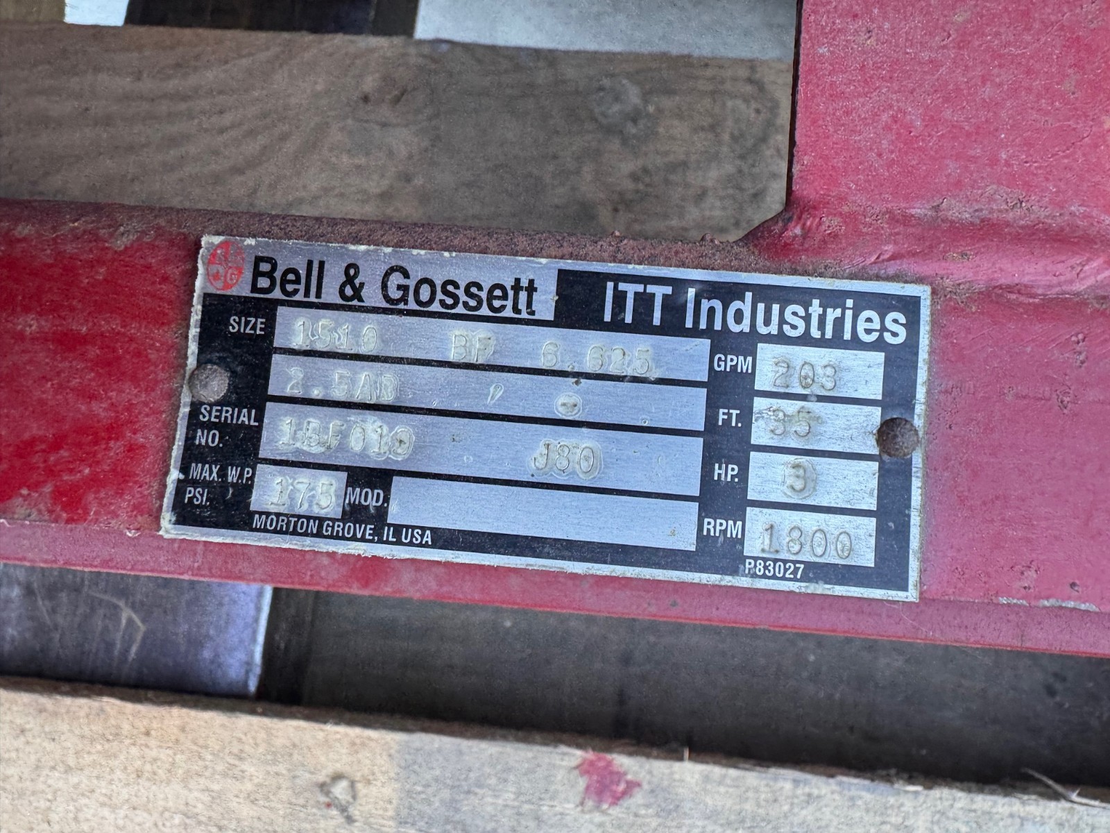 BELL & GOSSETT PUMP 21/2" X 3" X 6.625" IMPELLAR ZN6 8 1510 3 HP 203 GPM@85' 175