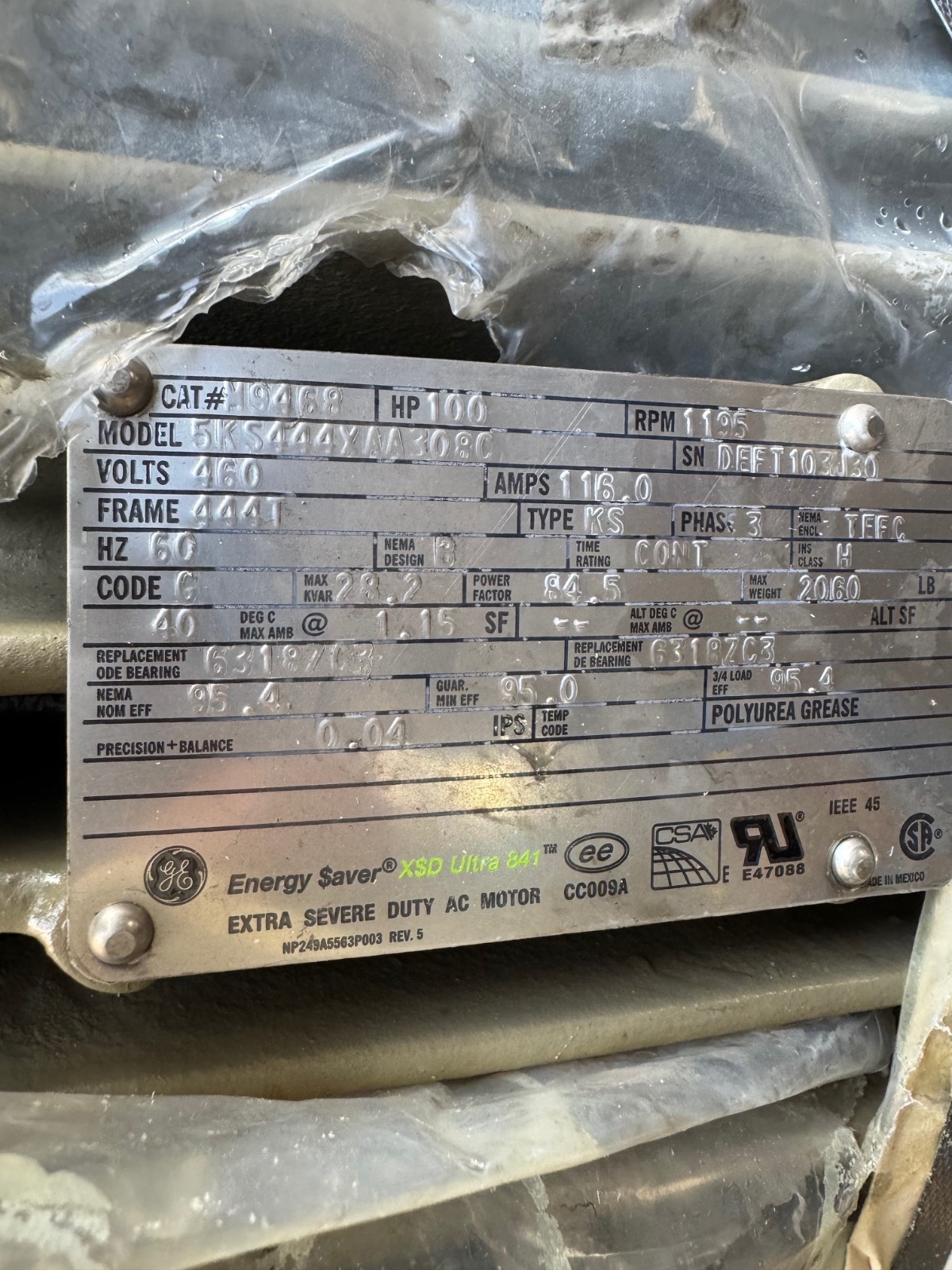 GE MOTOR XA6 100 HP MODEL M9468 5KS444XAA308 1195 RPM 460 V 3 PH 116 AMP FR 444