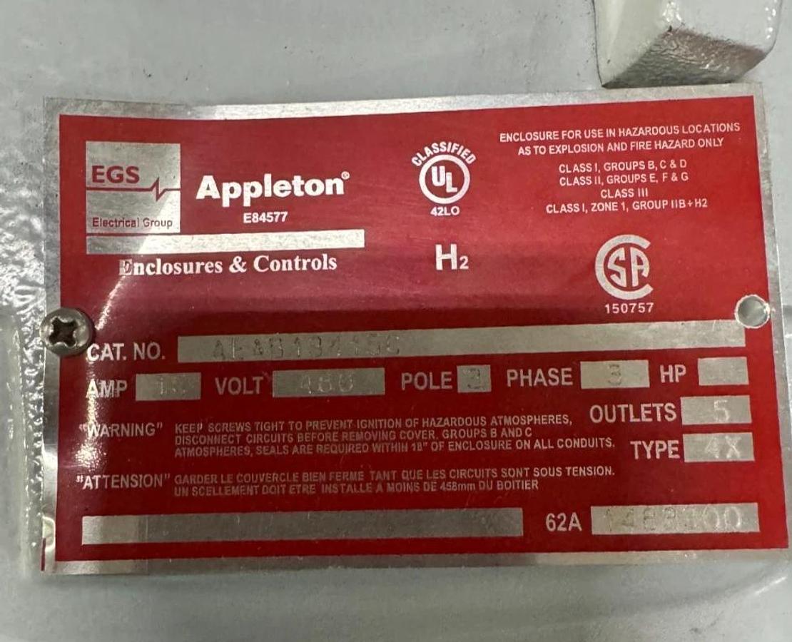 APPLETON EGS EXPLOSION PROOF BREAKER AEAB13415-C V49 15 AMP 480 V 3 POLE 3 PH