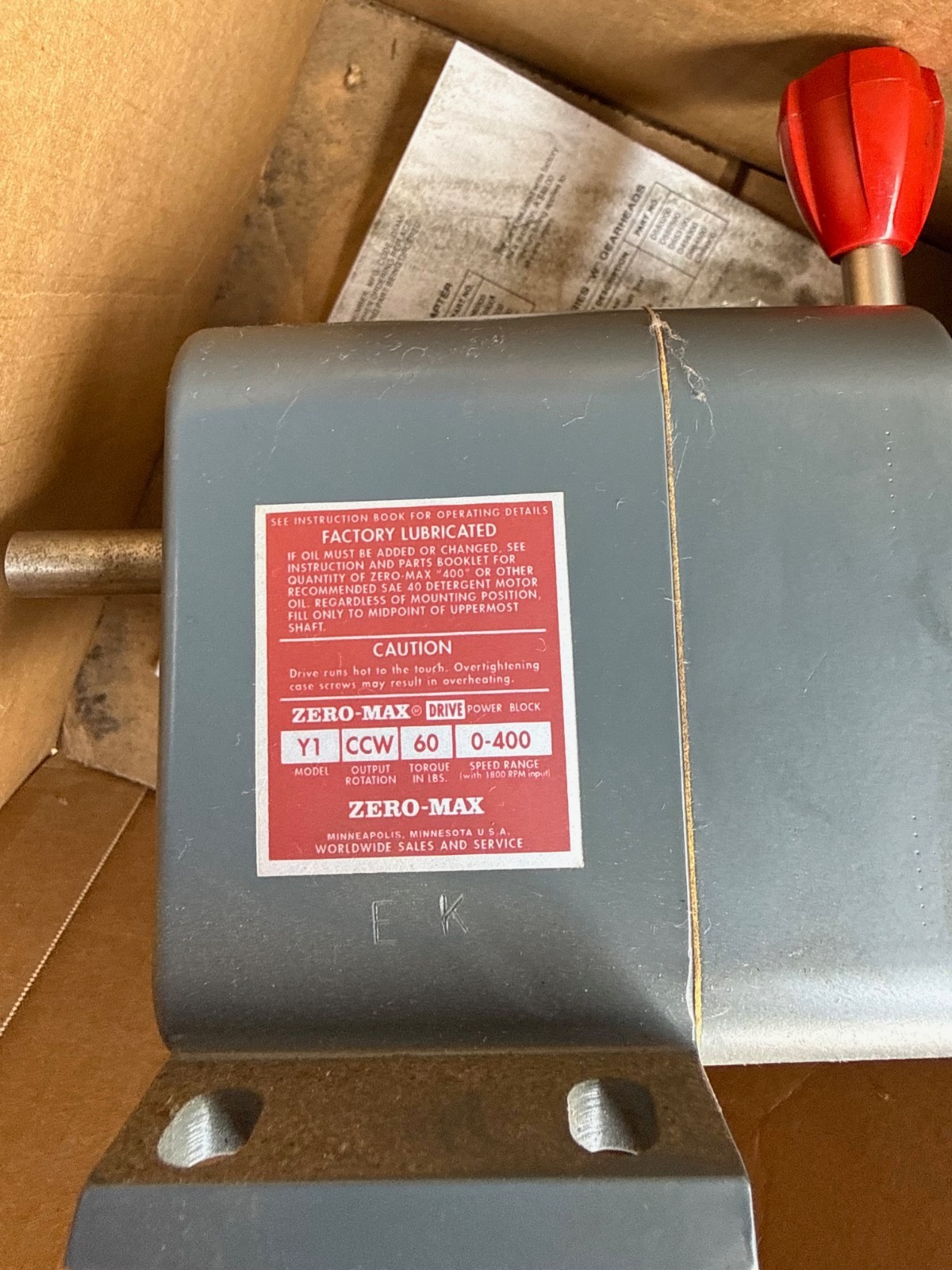 ZERO-MAX DRIVE POWER BLOCK GEAR REDUCER MOD Y1CCW600-400 1800 RPM 1XID
