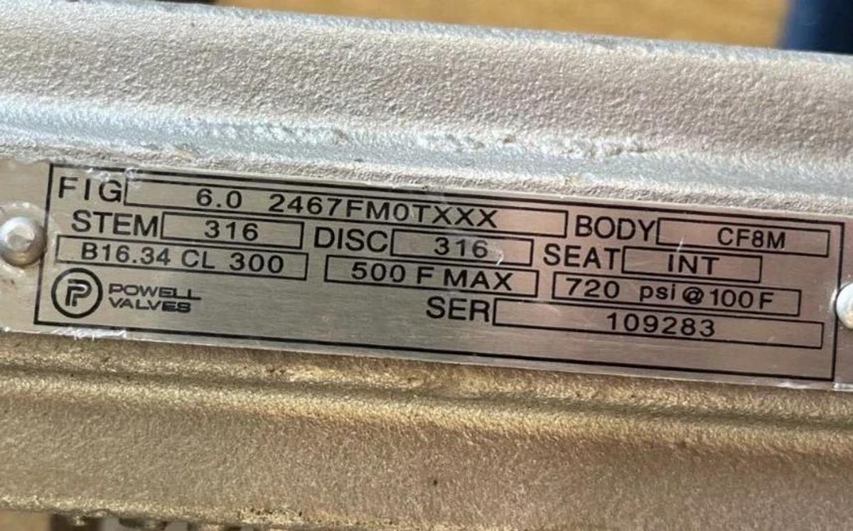 6" 300 LB RF GATE VALVE POWELL 316 STAINLESS 2467FMOTXXX