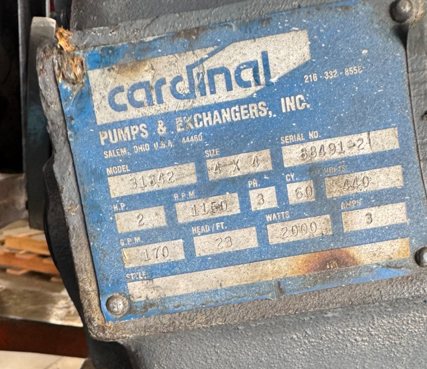CARDINAL PUMP & EXCHANGER SS5 MODEL 31342 170 GPM 4" X 4" 2 HP 1160 RPM 23' HEAD