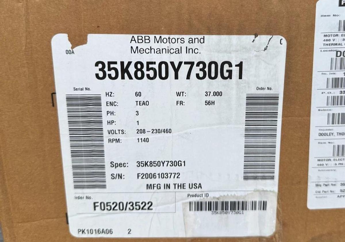 ABB BALDOR MOTOR D4 1 HP 35K850Y730G1 1140 RPM 208-230/460 V AMP 3 PH FR 56H