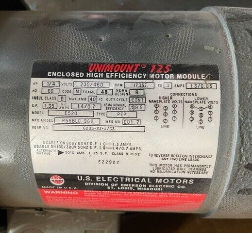 US MOTORS 1/4 HP UNIMOUNT 125 ENCLOSED MOTOR P55BLC-962 W BRAKE 230/460 V 1735