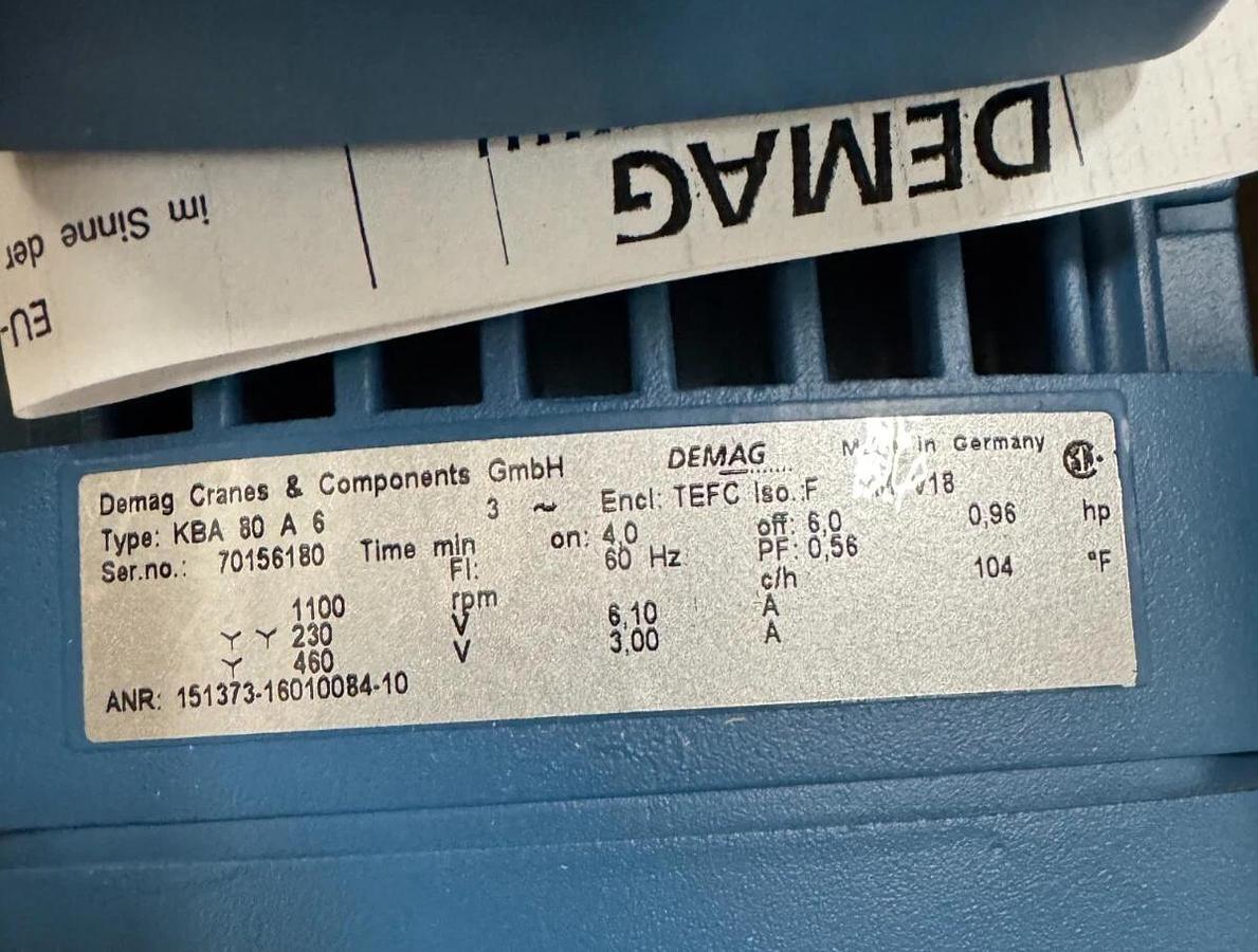 DEMAG CRANE MOTOR E1 .96 HP E1 MODEL KBA80A6 1100 RPM 230/460 V 6.1/3 AMP 3 PH