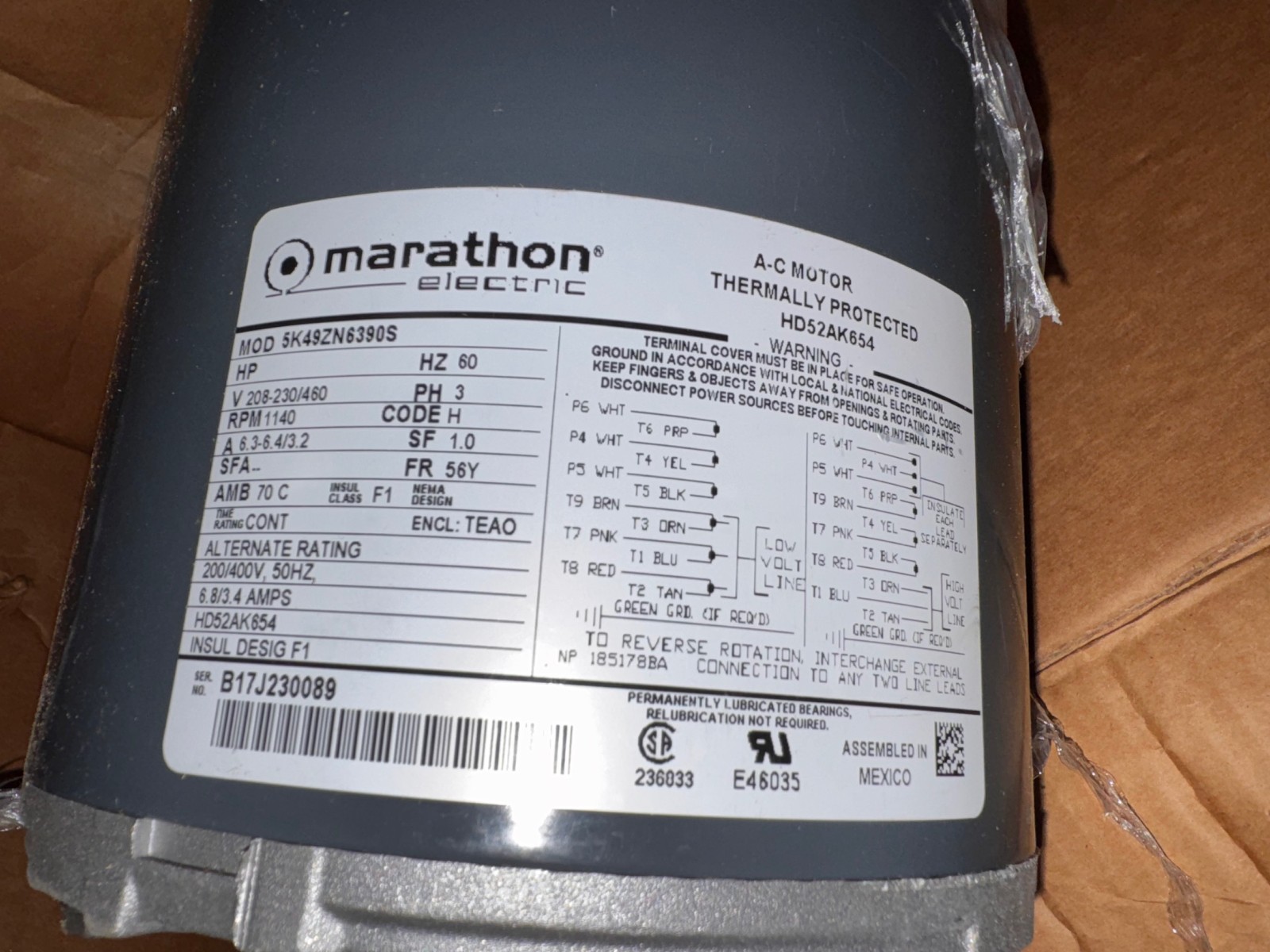 MARATHON Motor 1 HP MODEL HD52AK654  ZL8 ZK2 WA6C 1140 RPM 208/230-460 V 3 PH