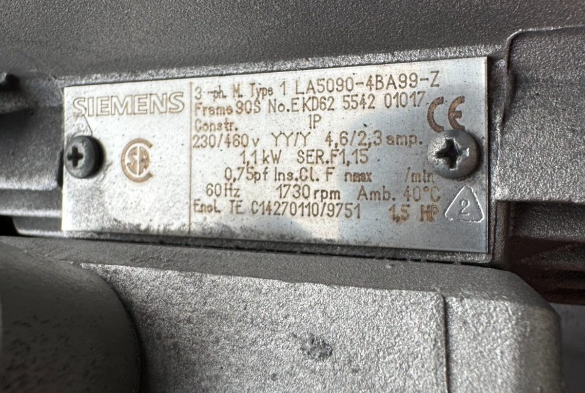 SIEMENS MOTOR CC9 15 HP MODEL LA5090-4BA99-Z 1730 RPM 230/440 V 3 PH 4.6/2.3 AMP