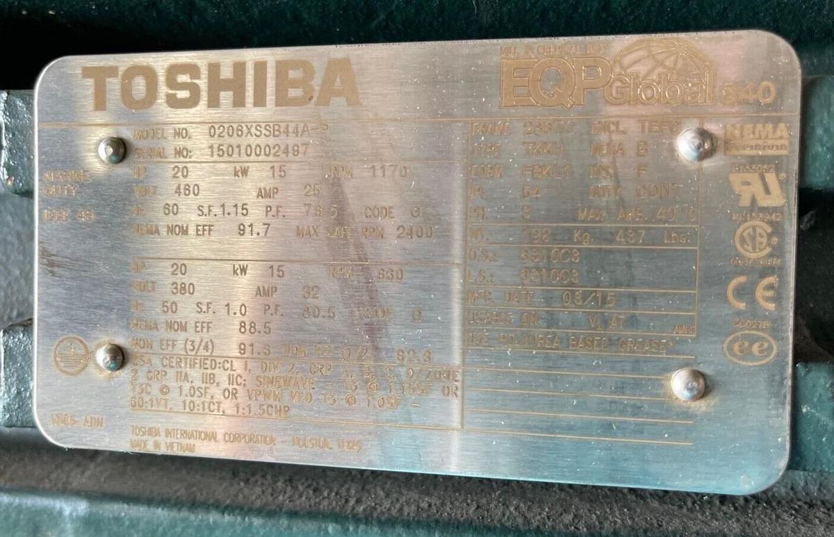 20 HP TOSHIBA ELECTRIC MOTOR 1170 RPM 460 V FRAME 286TC 0206XSSB44A-P