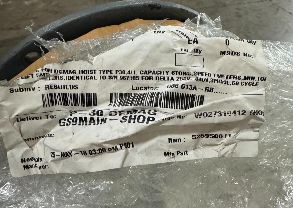 DEMAG CRANE MOTOR FOR DEMAG P30,4/1. 6 TONS SPEED W1 250/440V 3 PH 60HZ 9.1 A