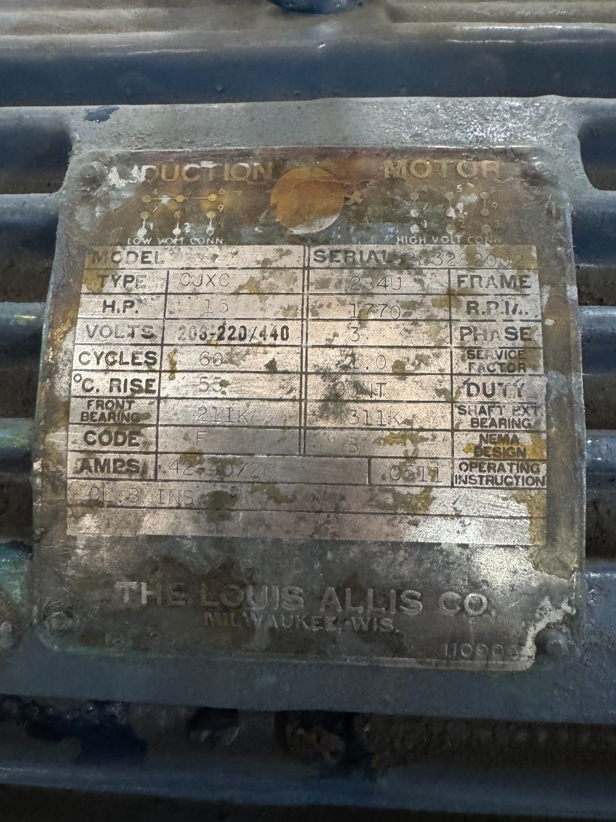 LOUIS ALLIS MOTOR X 15 HP MODEL CJXC 1770 RPM 208-220/440 V 3 PH 42/20AMP F 284U