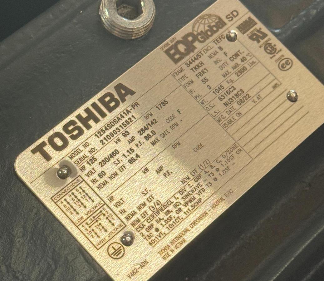 TOSHIBA 125 HP MOTOR MODEL 1254SDSA41A-PR 230/460 V 1785 RPM  EPQ SEVERE DUTY