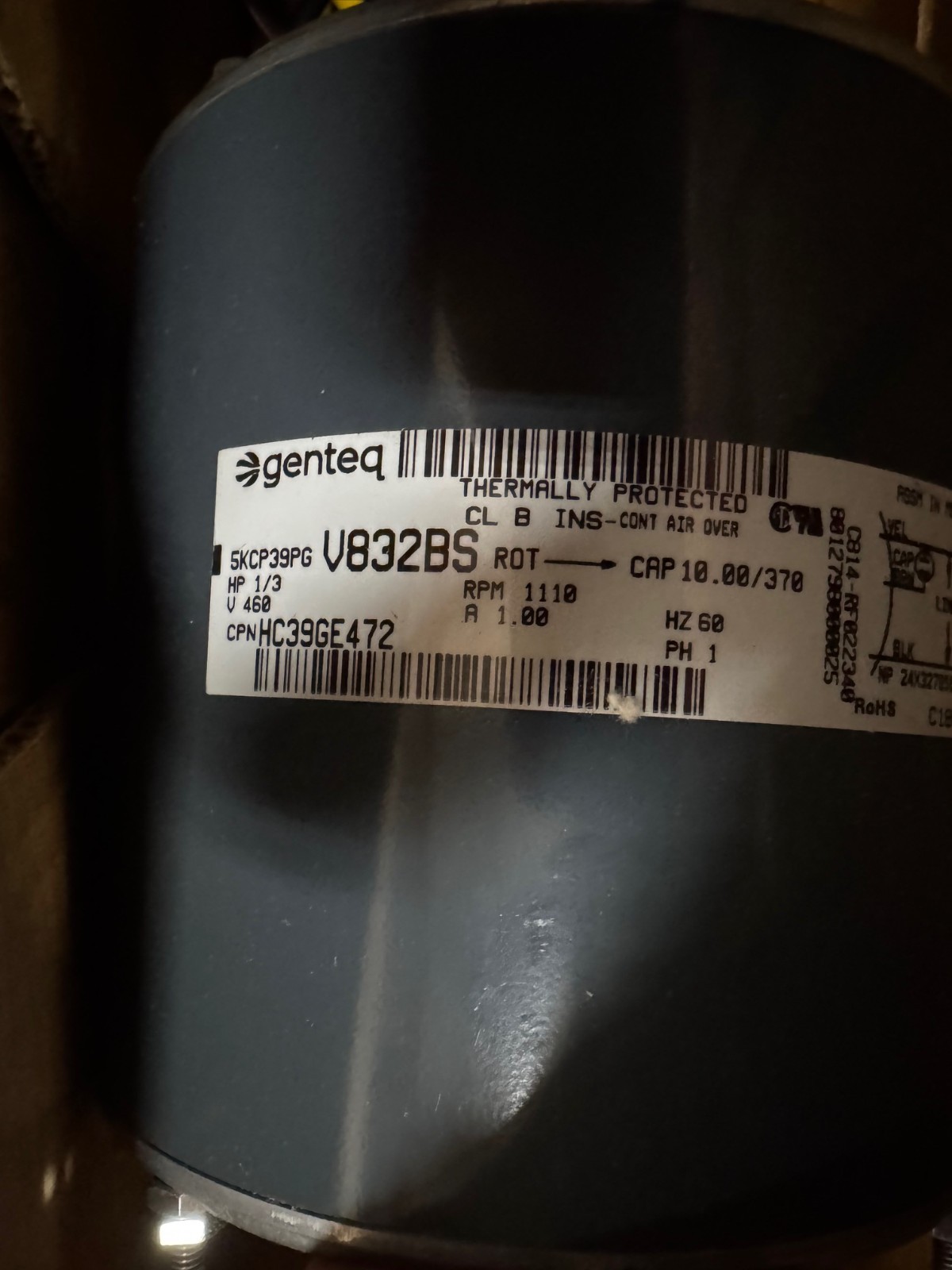 Carrier Genteq Motor 1/3 HP Model HD52AK654 WA6D 208-230/460 V 1110 RPM FRAME 56