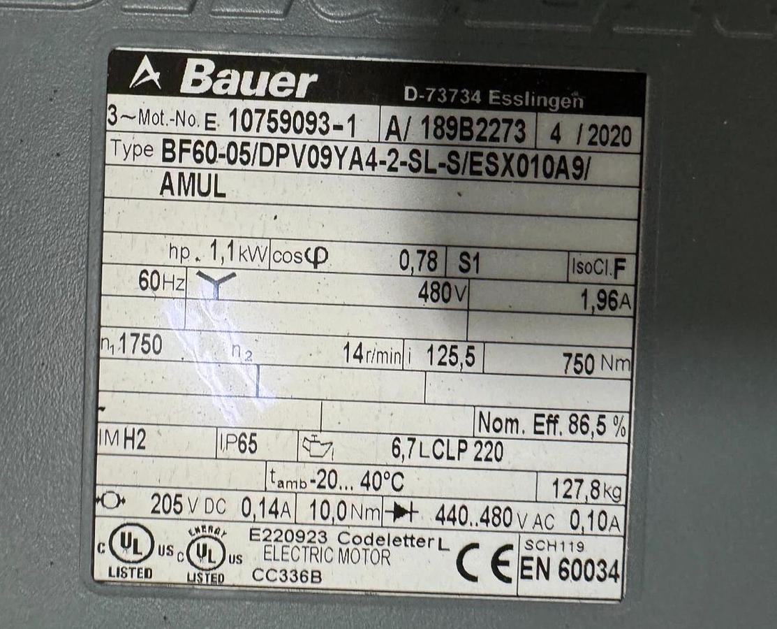 Bauer Gear Motor Z  BF60-05/DPV09YA4-2-SL-S/ESX010A9AMUL 1750 TO 14 RPM 480 V