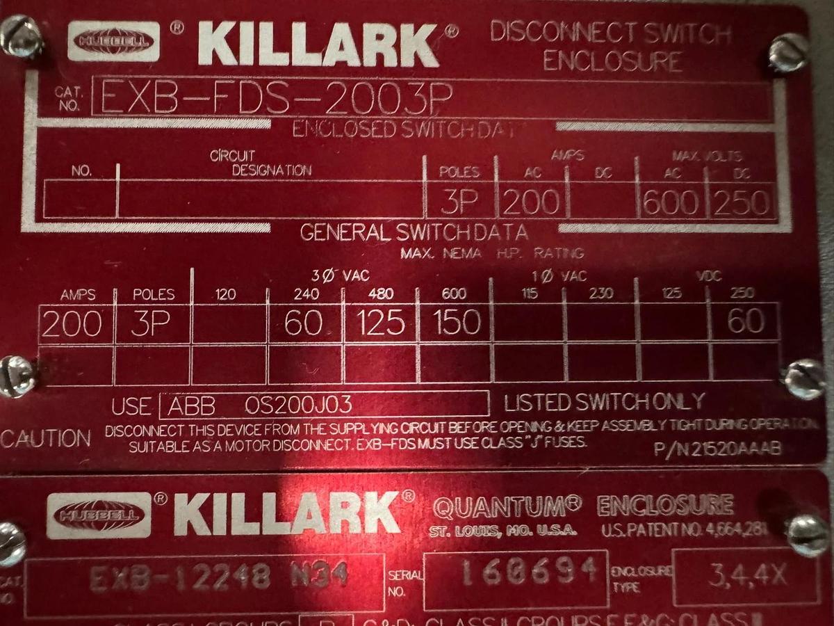 KILLARK EXPLOSION & FIRE PROOF ENCLOSURE EXB-12248 V61 W 200 AMP 600 V SWITCH