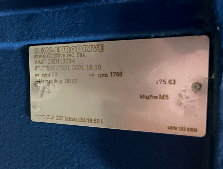 Sew Eurodrive 7.5-HP Gearmotor, 1768/23 RPM, 230/460 V, 75.63:1 Ratio FA97 DRN13