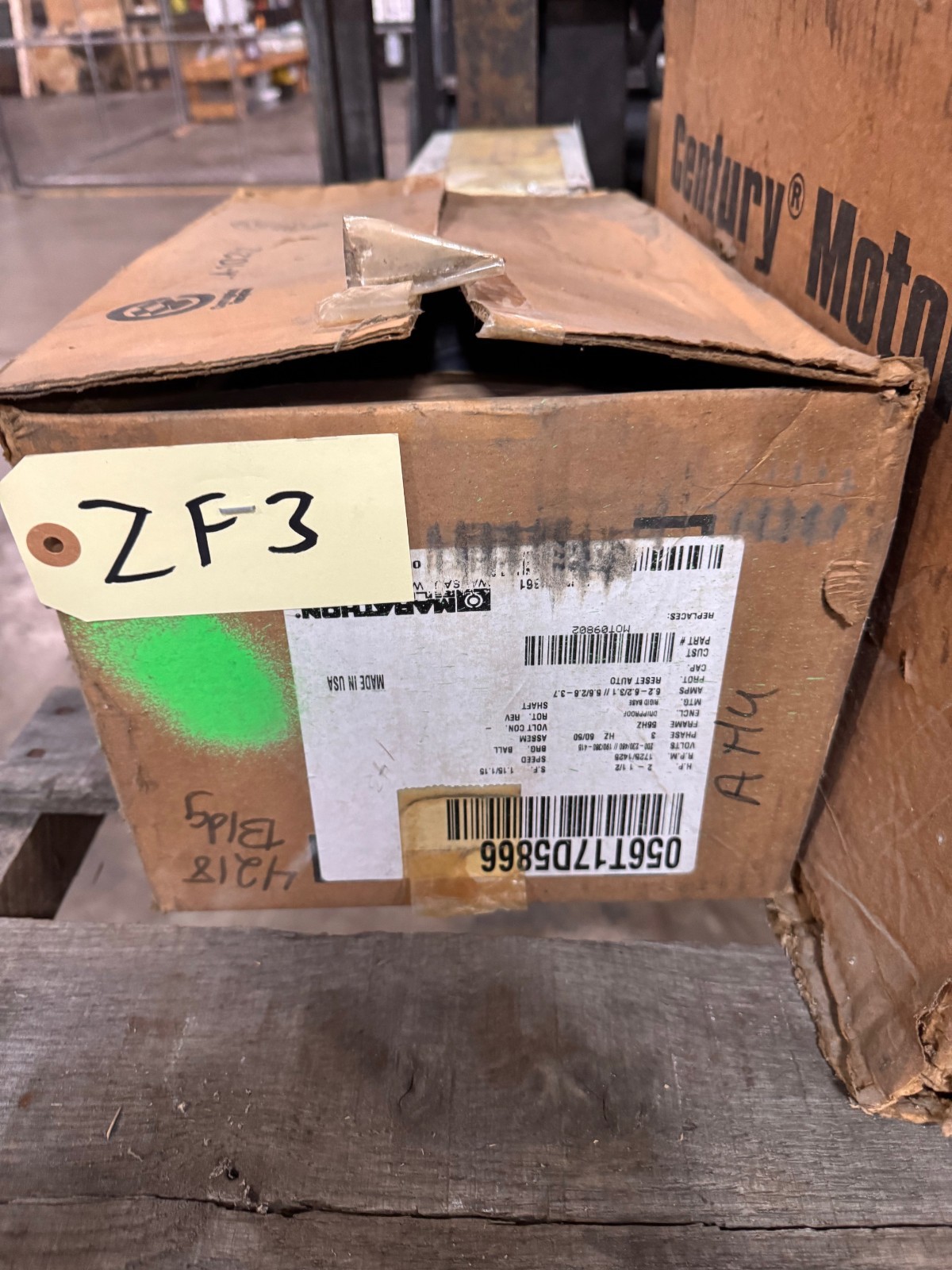 MARATHON Motor 2 HP MODEL MOT09802 NQA 56T1 ZF3A 1725 RPM 208/230-460 V 3 PH 6.2