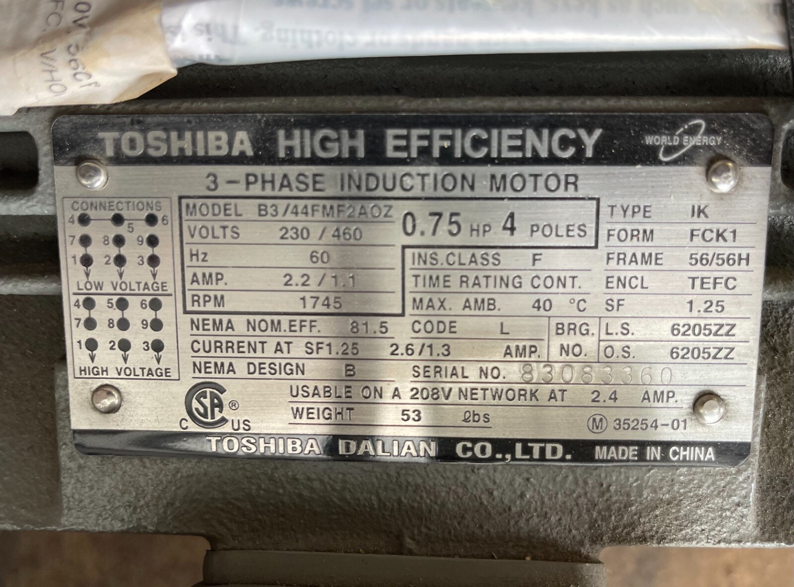 TOSHIBA 3/4 HP INDUCTION MOTOR B3/44FMF2AOZ 230/460 V 1745 RPM