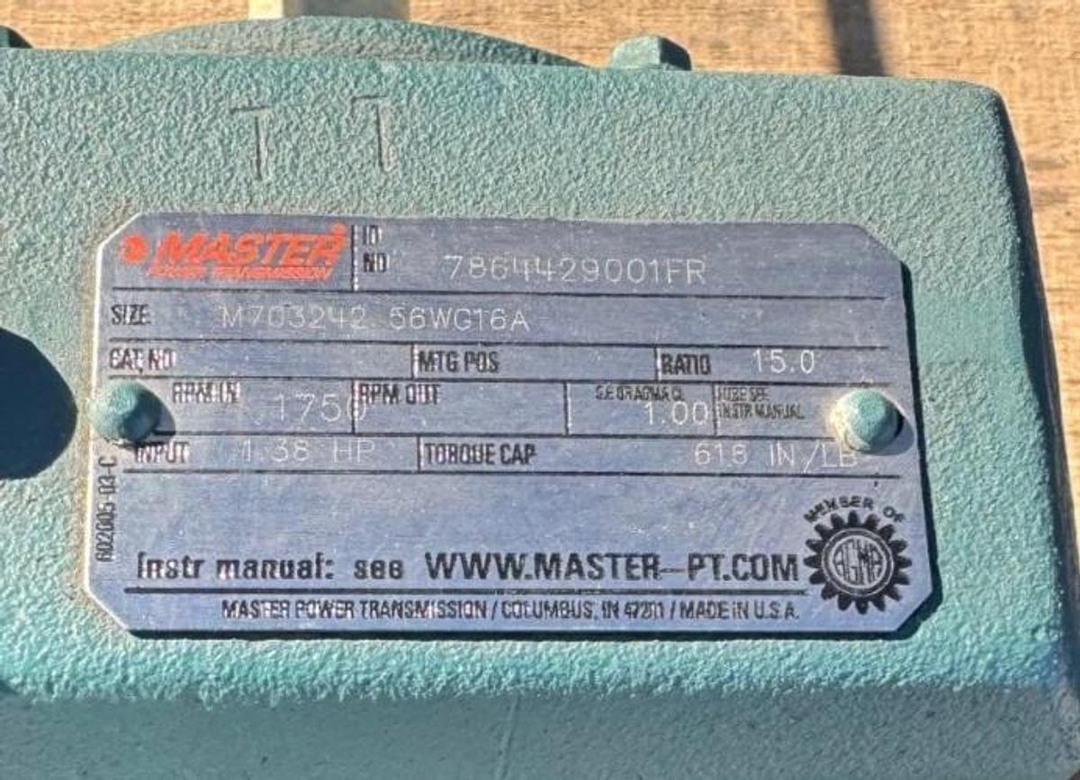 MASTER POWER TRANSMISSION GEAR MOTOR XA19 M703242 56WG16A 1750 RPM IN 15 TO 1