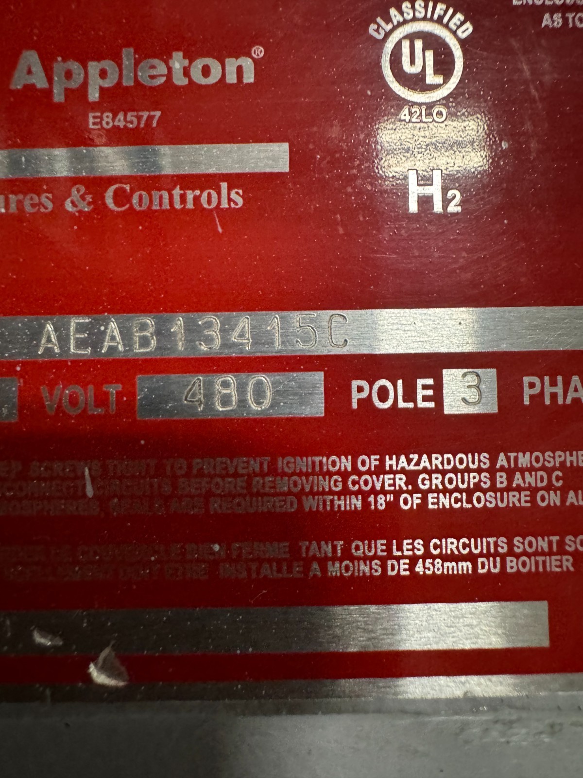 APPLETON EGS EXPLOSION PROOF BREAKER V62 15 AMP 480 V 3 POLE 3 PH AEAB13415C