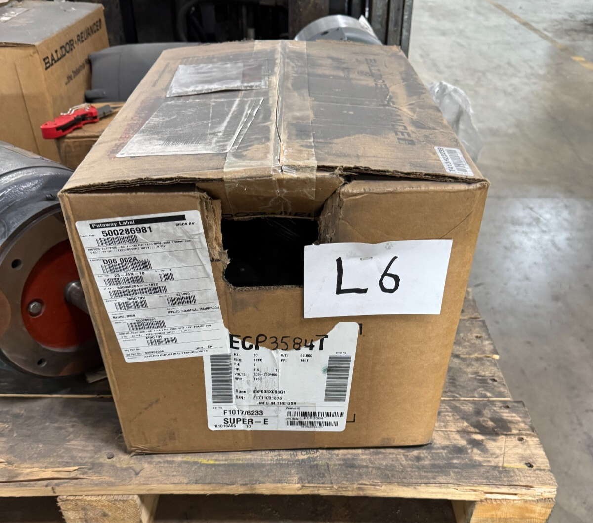 BALDOR MOTOR L6 1 1/2 HP MODEL ECP3584T 1760 RPM 230/460 V 3 PH 4.6-4.2/2.1 AMP