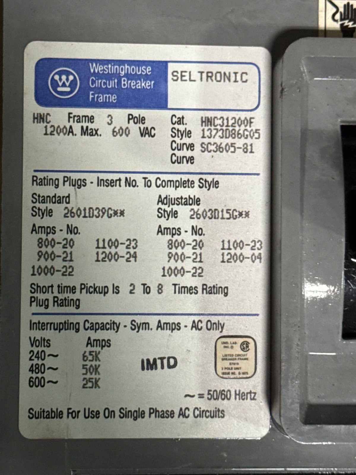 Refurbished WESTINGHOUSE SELTRONIC 1200 AMP BREAKER 2YU7 HNC31200F FRAME HNC 1200A 1KA TRIP