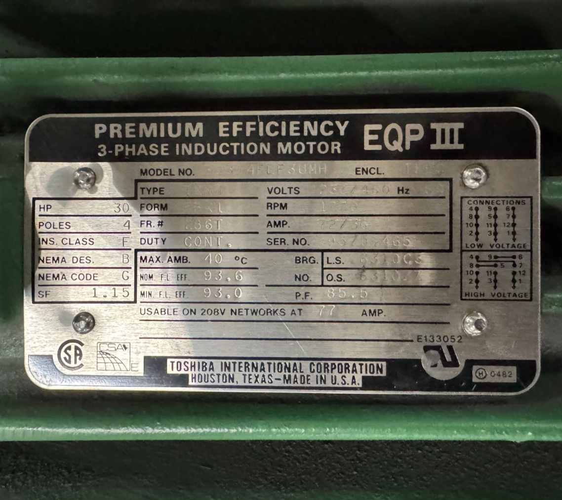 Toshiba MOTOR T 30 HP BO304FLF3UM11 EQP III 1170 RPM 230/460 V 4 POLE 72/36 AMP