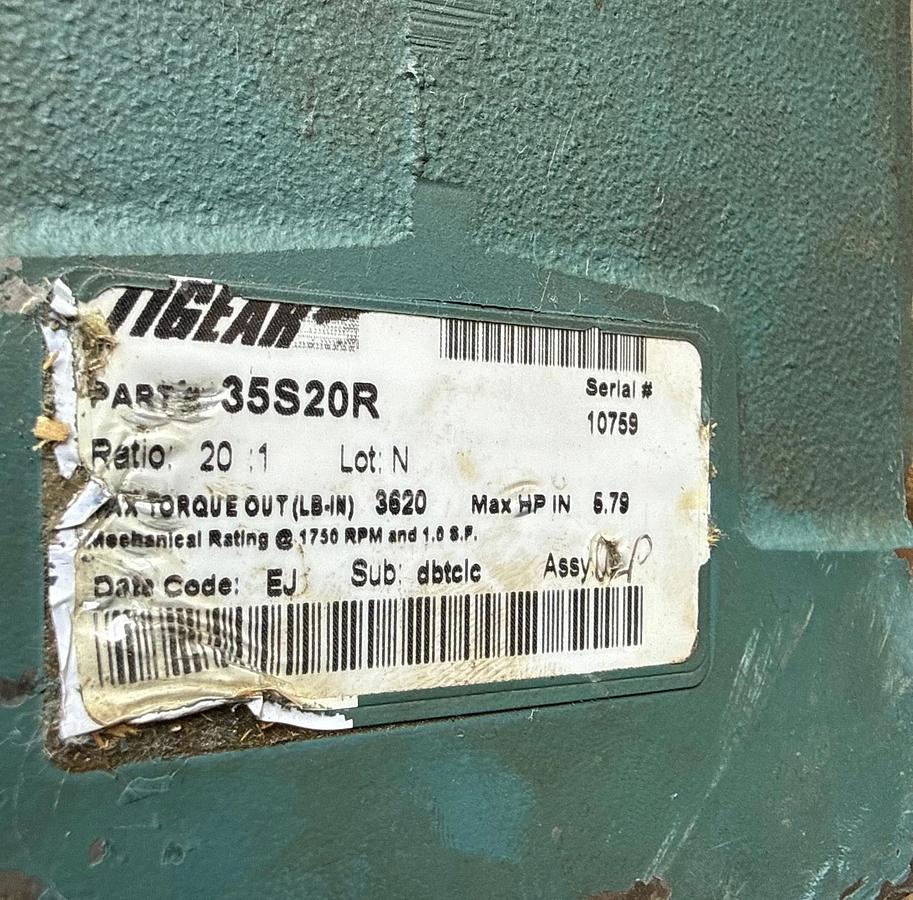 TIGEAR GEAR REDUCER 1XTG 1XSI 1XSF MODEL 35S20R 1750 RPM 5.79 HP RATIO 20 TO 1