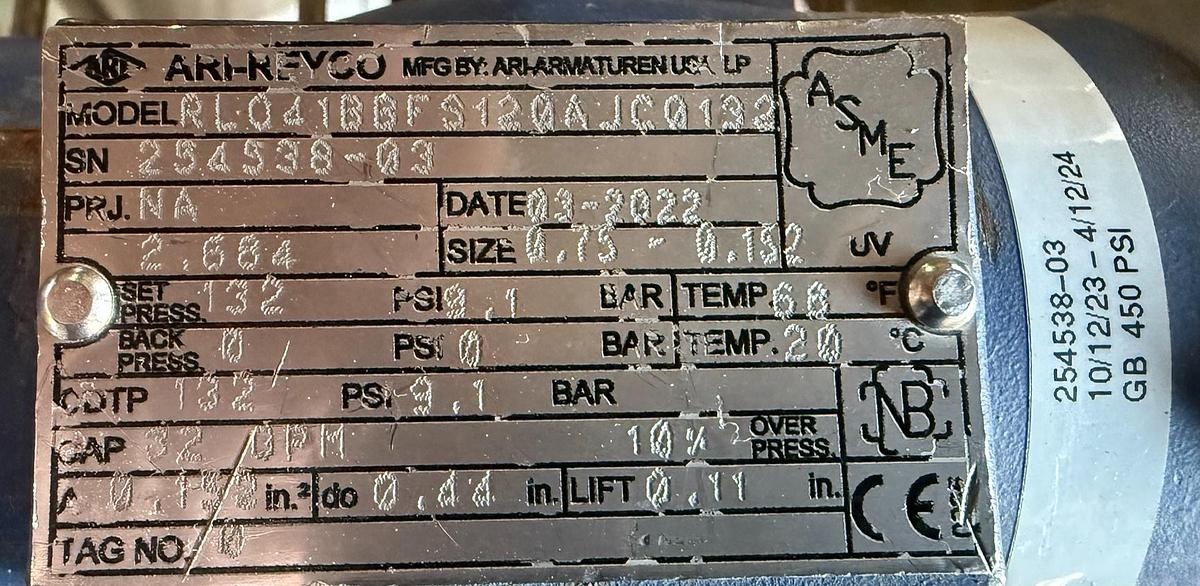 Refurbished ARI-REYCO RELIEF VALVE MODEL RLO41BBFS120AJC0132 3/4" x 2" THD