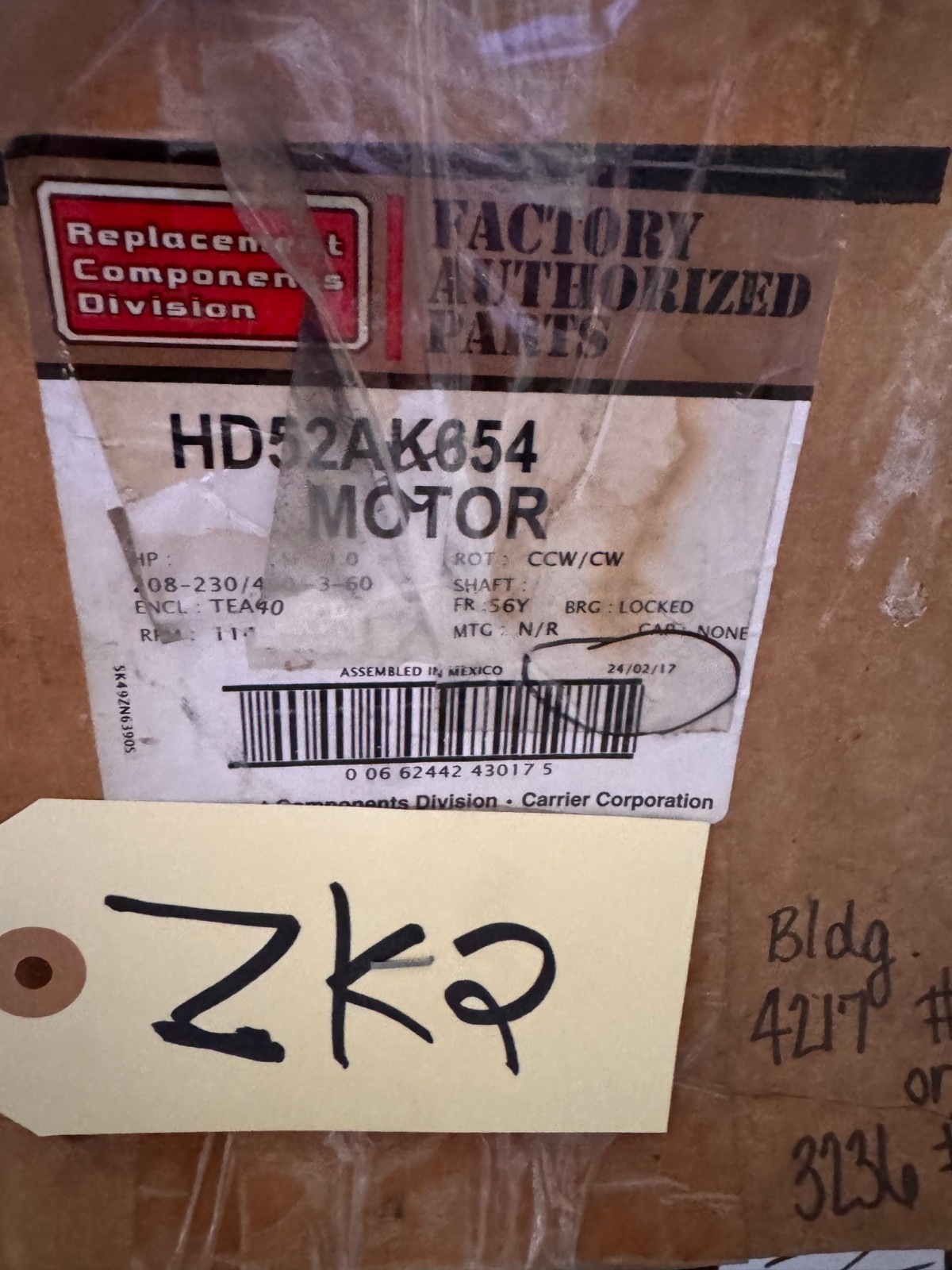 MARATHON Motor 1 HP MODEL HD52AK654  ZL8 ZK2 WA6C 1140 RPM 208/230-460 V 3 PH