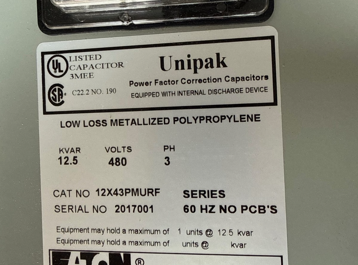 Used EATON UNIPACK FACTOR CORRECTION CAPACITOR MODEL 12X43PMURF 2XVB 60 HZ 12.5 KVAR