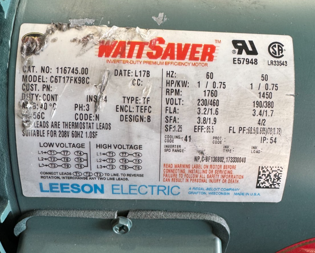 LEESON MOTOR VV5 1 HP MODEL C6T17FK98C 1760RPM 230/190/460/380 V  3PH 3.2/1.6A