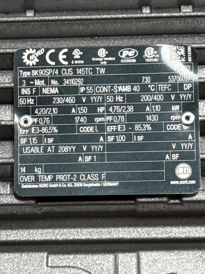 Used NORD GEAR MOTOR 2YAA MOD SK90SP/4 CUS 145TC TW 1740 INPUT  RPM 123.4 TO 1 RATIO