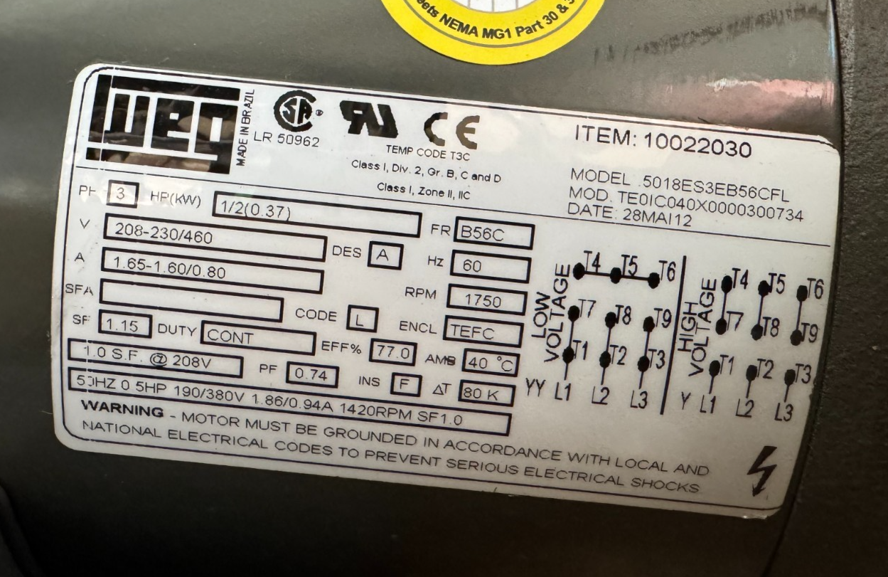 WEG MOTOR RR3 1/2 HP MODEL 5018ES3EB56CFL 1750 RPM 208-230/460 V 1.65/.80 AMP