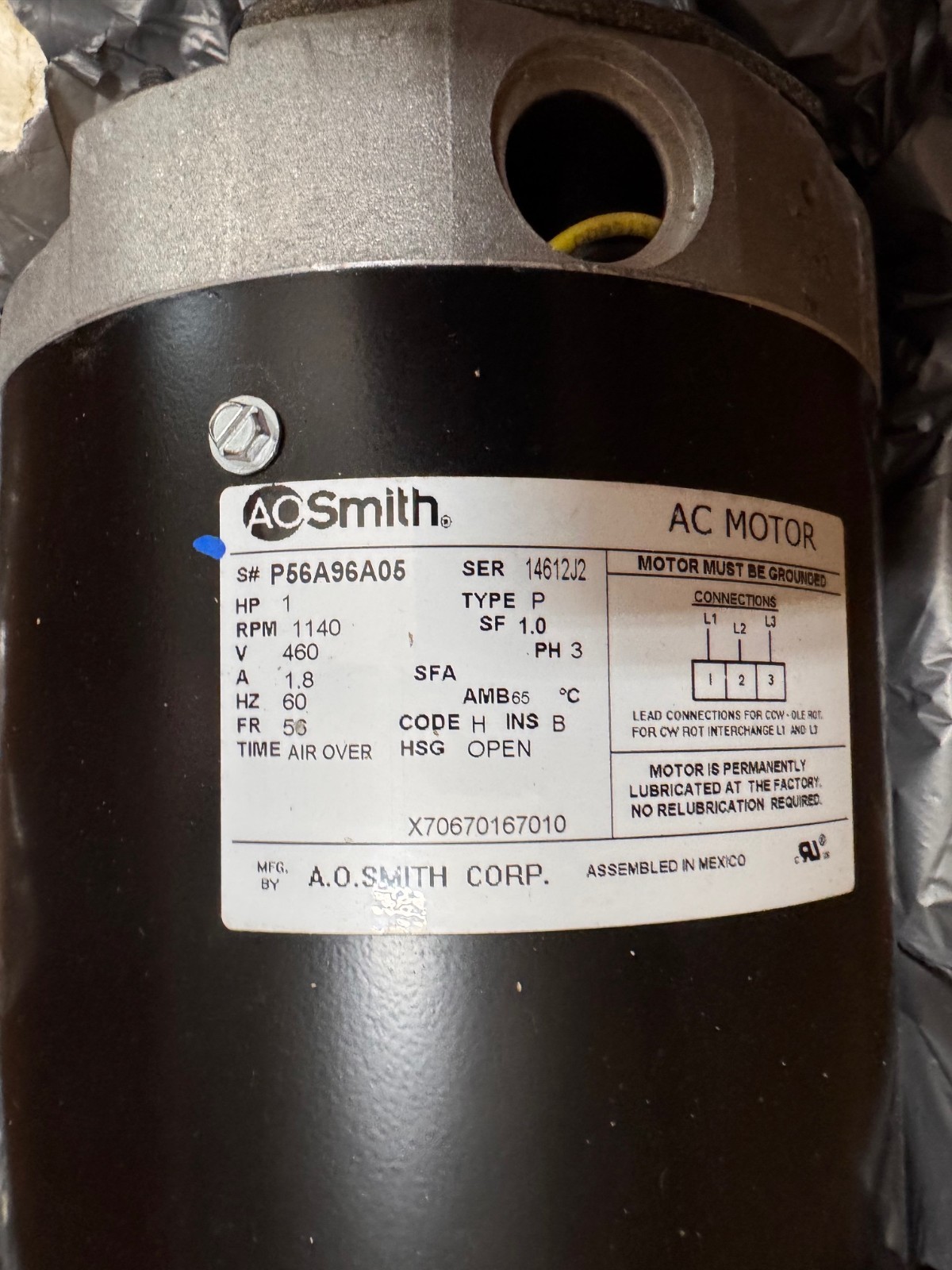AO SMITH Motor 1 HP MODEL MOT021827 P56A96A05 ZI2 ZI5 ZL3 1140 RPM 460 V 1.8 AMP