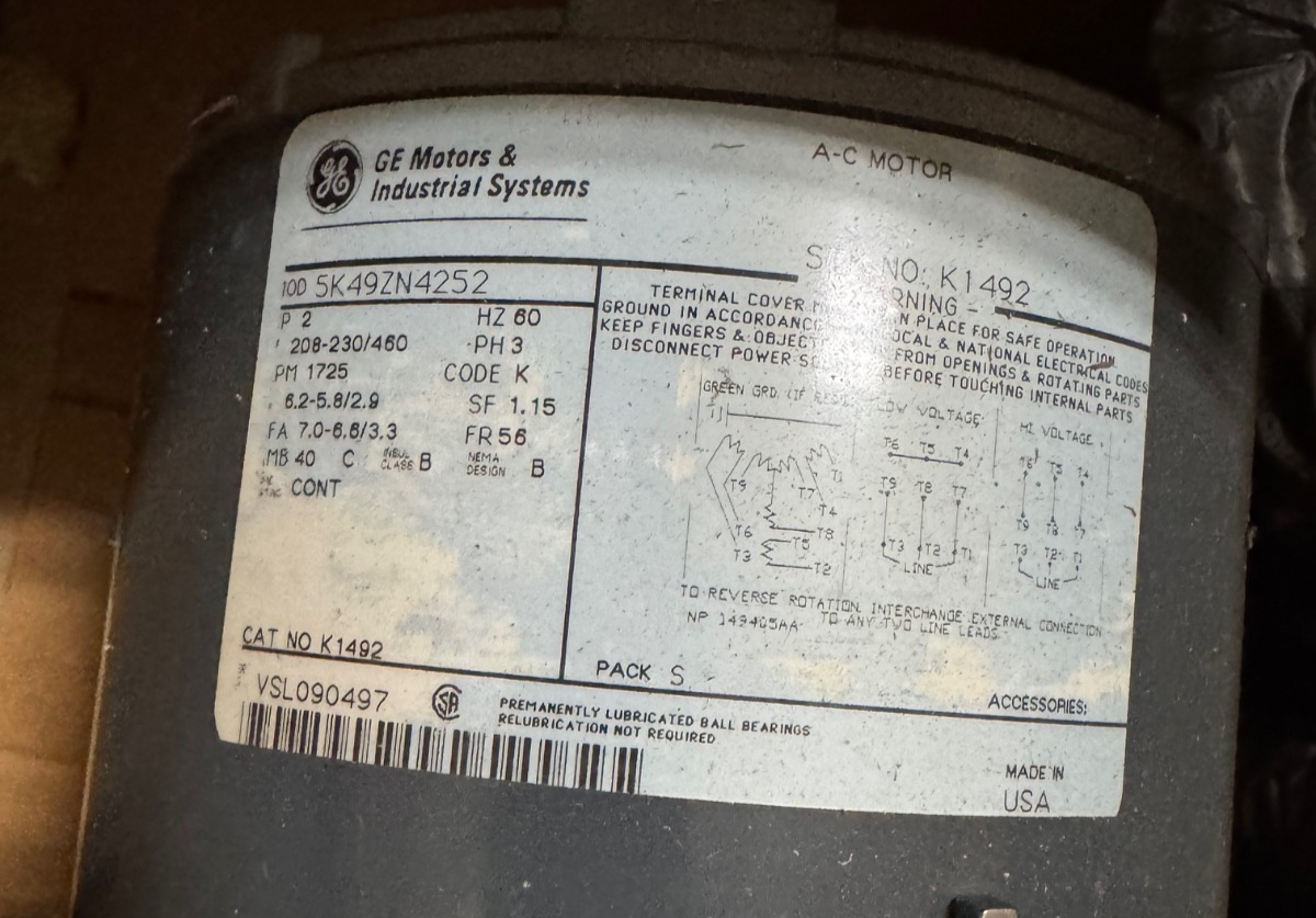GE 11/2 HP MOTOR AD4B K2083 5KE49UN8285 1725/1425 RPM 208/230/460 V 4.6-4.4/2.2