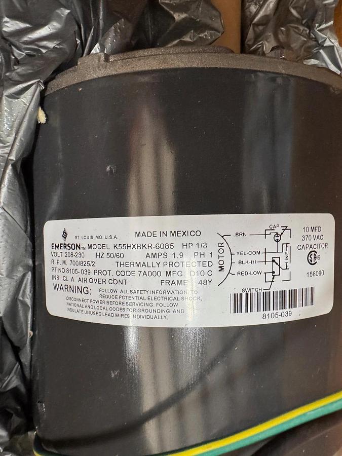EMERSON Motor 1/3 HP MODEL K55HXBKR-6085 ZJ9 700/825 RPM 208/230 V AMP 1.9 PH 1