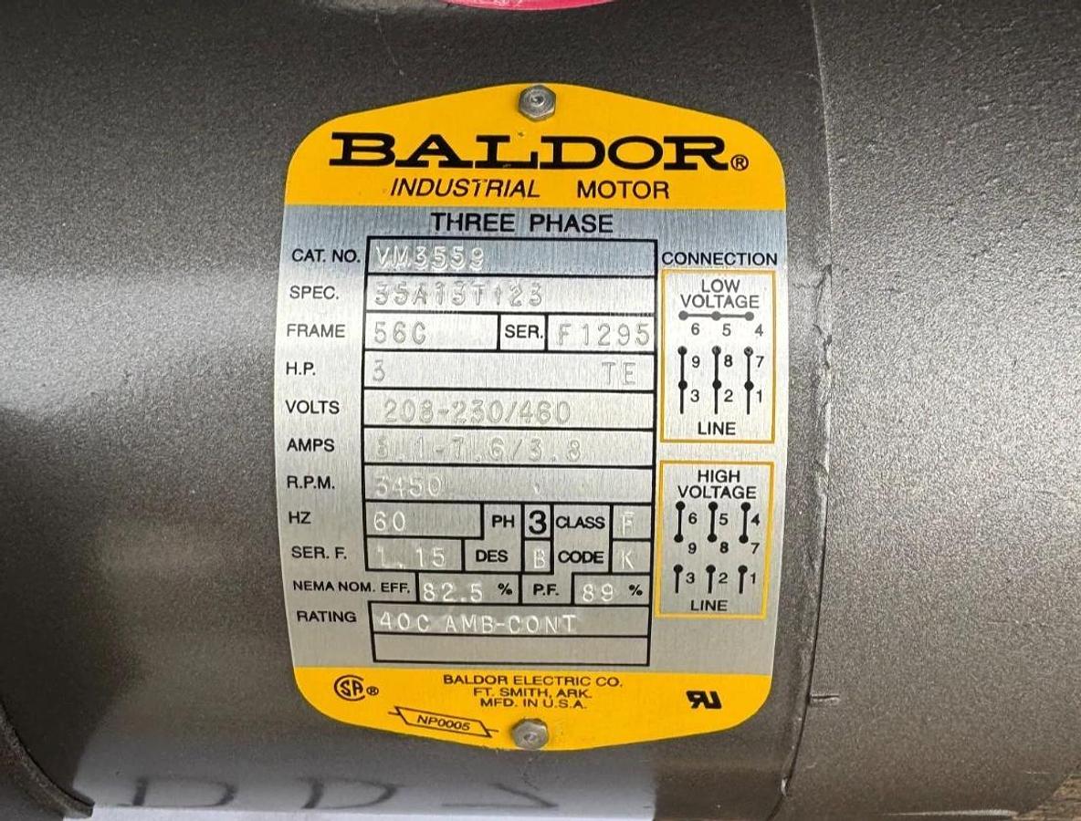 BALDOR MOTOR DD7 3 HP MODEL WM3559 3450 RPM 230/460 V 3 PH 8.1-7.6/3.8 AMP FR 5