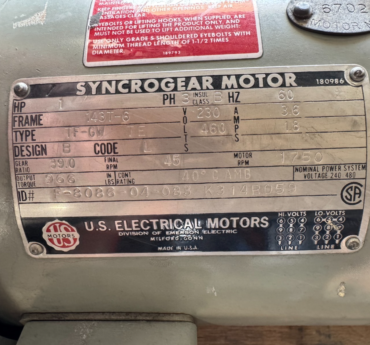 US ELECTRIC MOTORS GEAR MOTOR VV8 MOD TF-GWTE K314R059 1 HP RPM 1750 IN 45 OUT