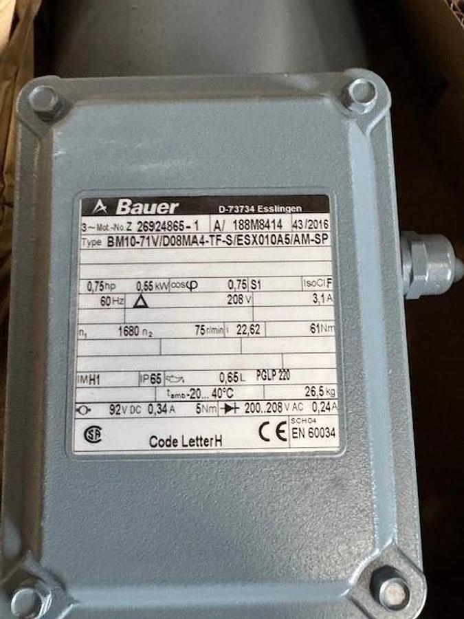 BAUER GEAR MOTOR WA7 WA8 MOD BM10-71V/D08MA4-TF 3/4 HP 1680 TO 75 RPM 208V