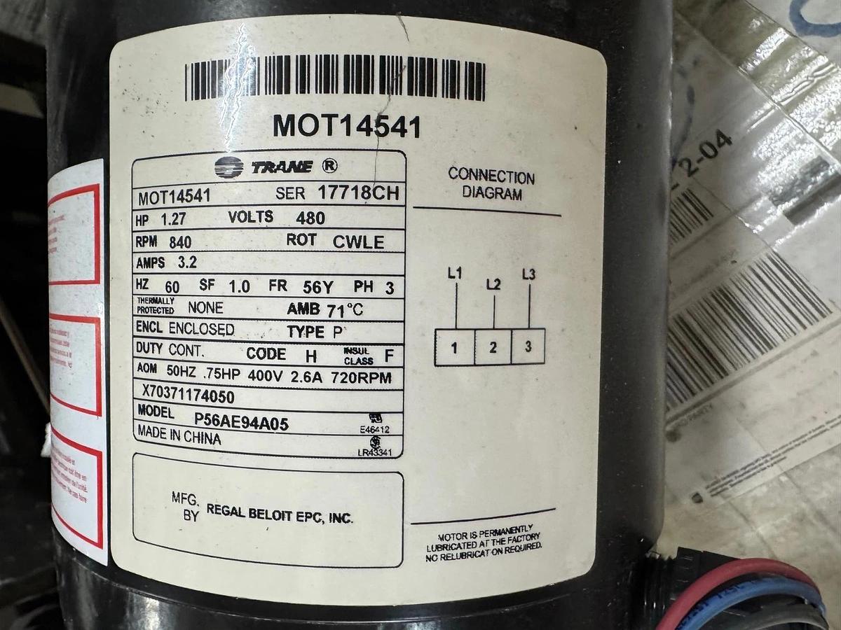 TRANE Motor 1.27 HP MODEL MOT14541 WA4E 840 RPM 480V 3.2 AMP 3 PH FRAME 56Y